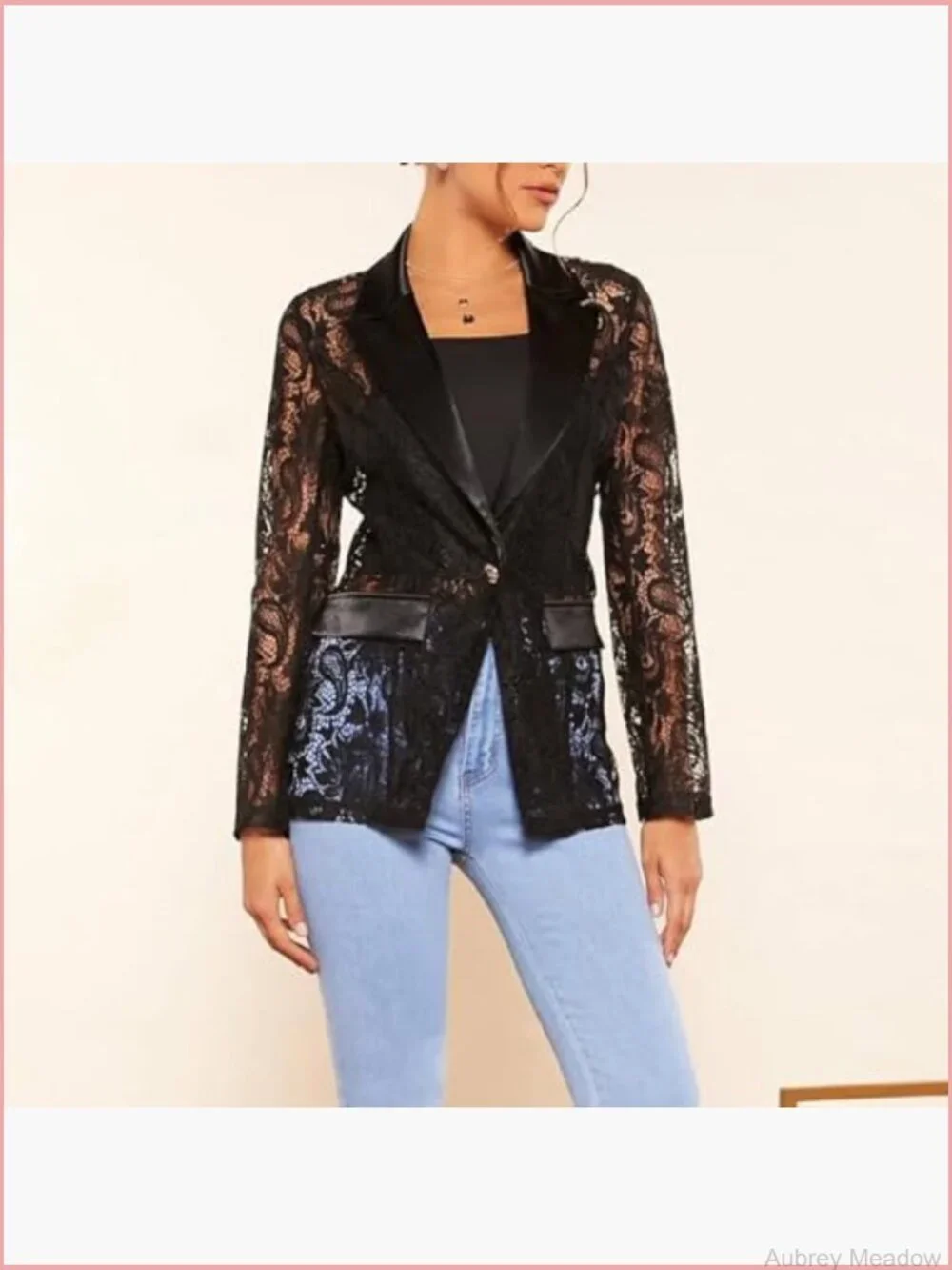 Floral Lace Blazer Single Button Lapel Neck Sheer Mesh Jacket